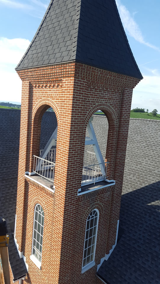 Red Brick Steeple with Black Shingles